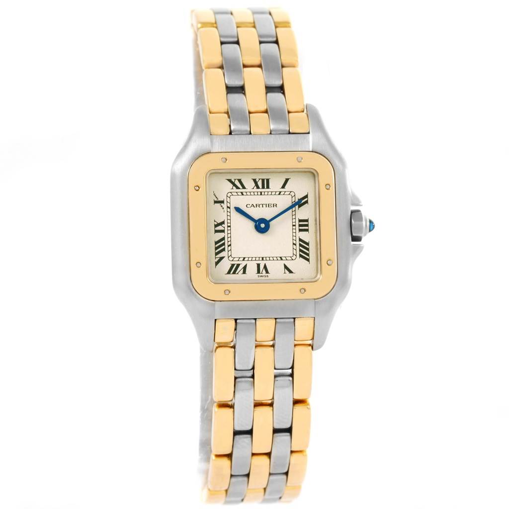 The image shows a front view of a Cartier Panthère watch, highlighting its two-tone bracelet and square face with Roman numerals.