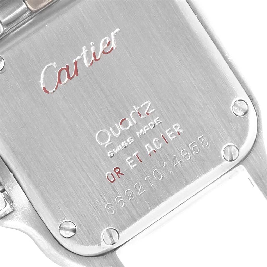 This image shows the back case of the Cartier Panthere W25029B6 Women's Stainless Steel Beige Dial W25029B6 Women's Stainless Steel Beige Dial watch at a close-up angle, highlighting the engraved details including the brand name.
