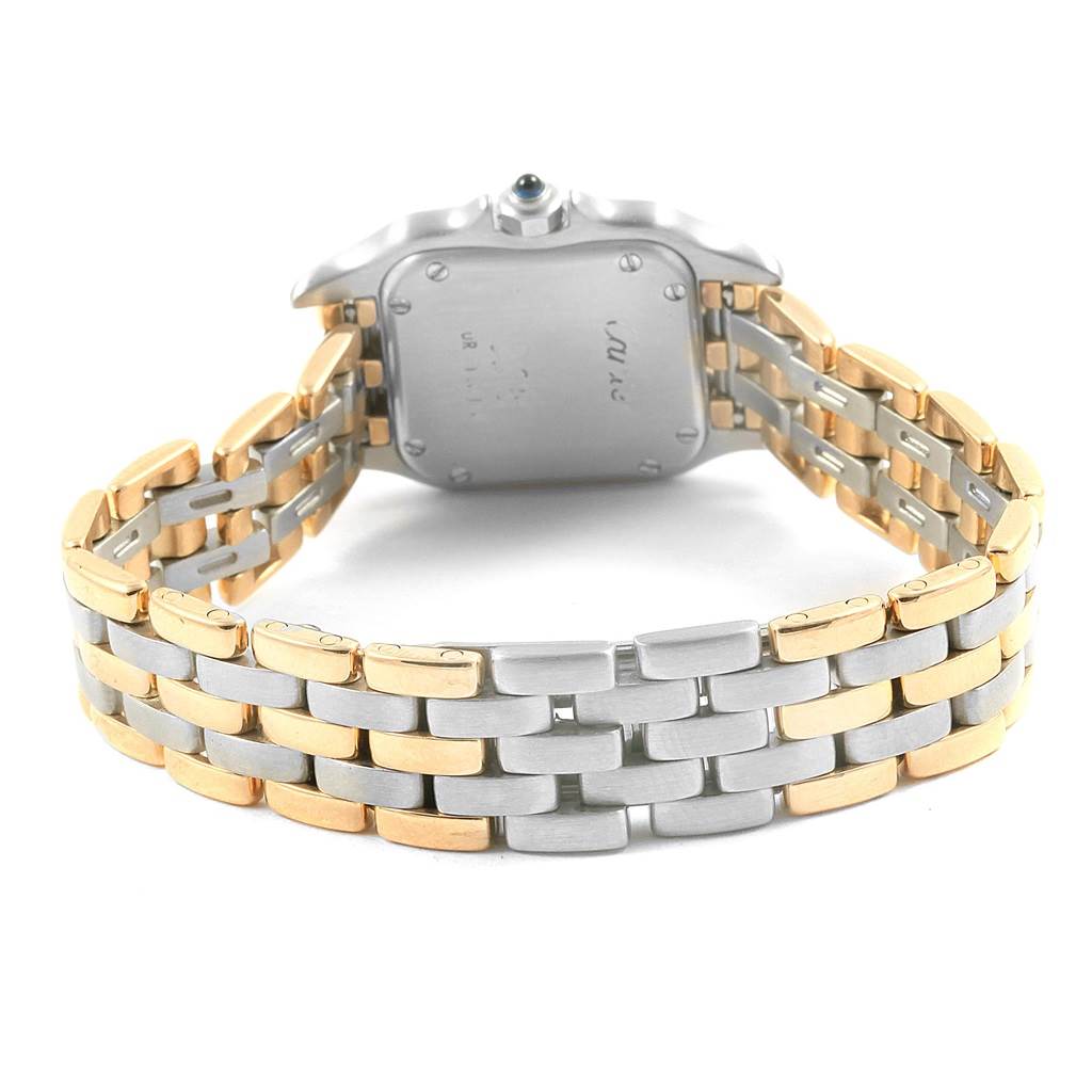 The image shows the back view of a Cartier Panthere W25029B6 Women's Stainless Steel Beige Dial W25029B6 Women's Stainless Steel Beige Dial watch, highlighting its two-tone metal bracelet and case back.