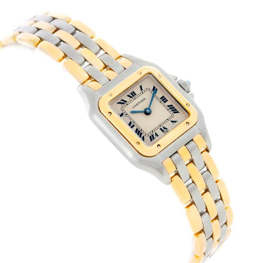 This image shows a Panthère de Cartier watch at an angle highlighting the face, bezel, and two-tone metal bracelet.