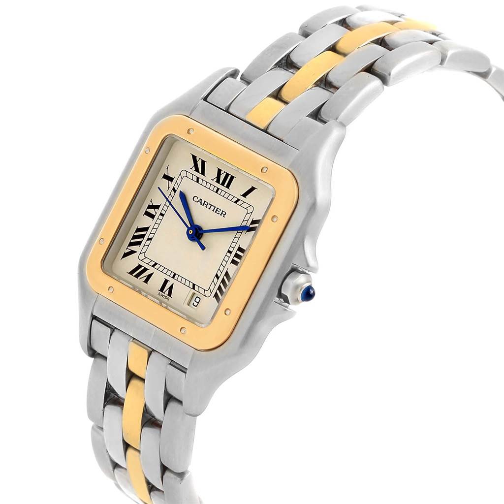 This image shows a Cartier Panthere W25028B5 Men's Steel and Gold (two tone) Silver Dial W25028B5 Men's Steel and Gold (two tone) Silver Dial watch angled to display its face, bezel, and part of the two-tone bracelet.