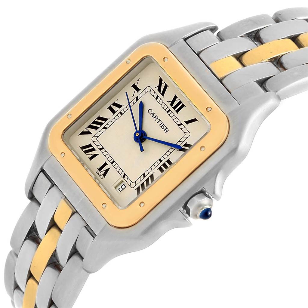 This image shows a close-up of a Cartier Panthere W25028B5 Men's Steel and Gold (two tone) Silver Dial W25028B5 Men's Steel and Gold (two tone) Silver Dial watch, highlighting its two-tone bracelet, square face with Roman numerals, and blue hands.