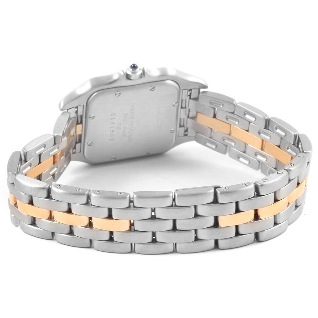 The image shows the back view of a Cartier Panthère watch, highlighting the case back and two-tone bracelet.