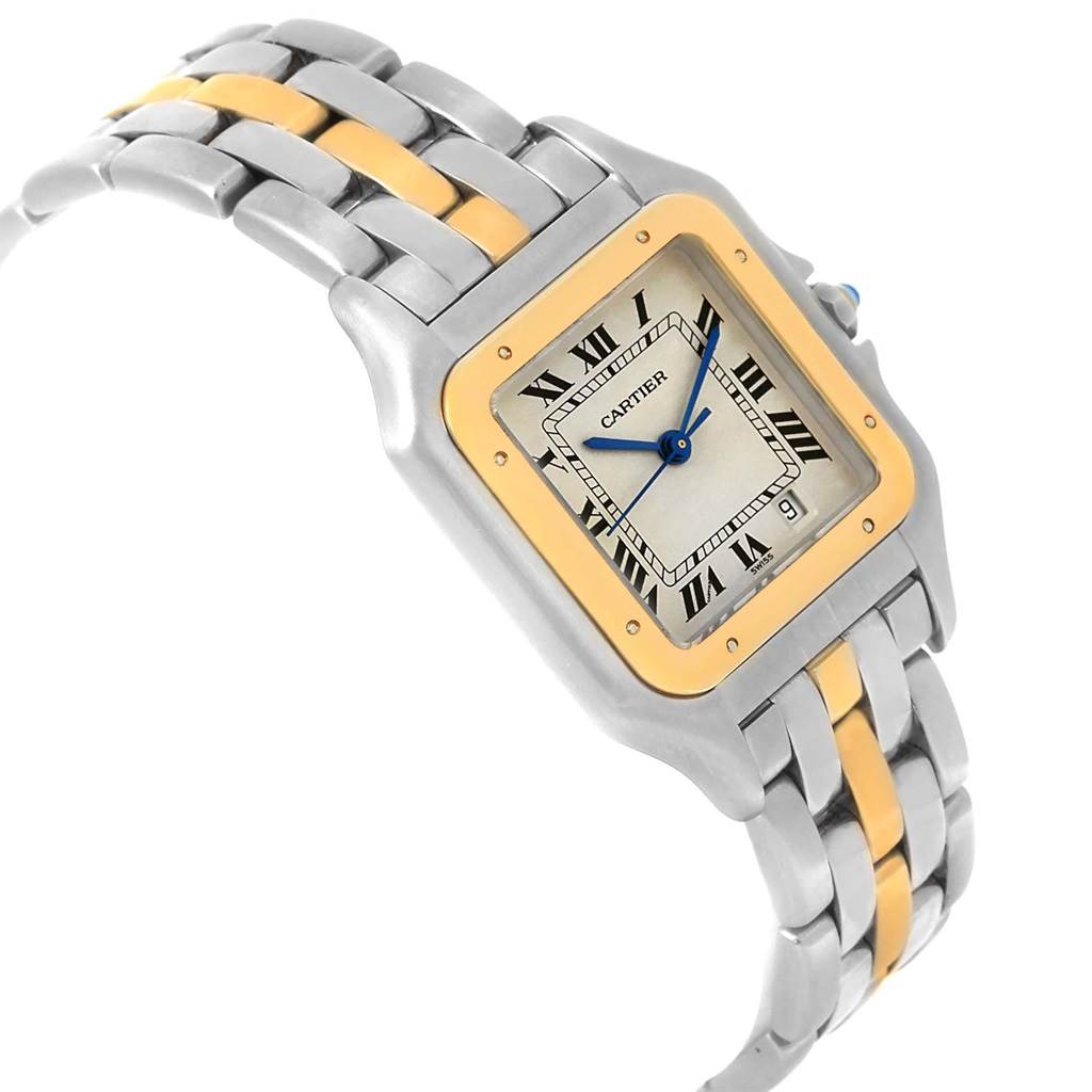 The image shows a Cartier Panthere W25028B5 Men's Steel and Gold (two tone) Silver Dial W25028B5 Men's Steel and Gold (two tone) Silver Dial watch at a three-quarter angle, displaying its face, bezel, and two-tone band.