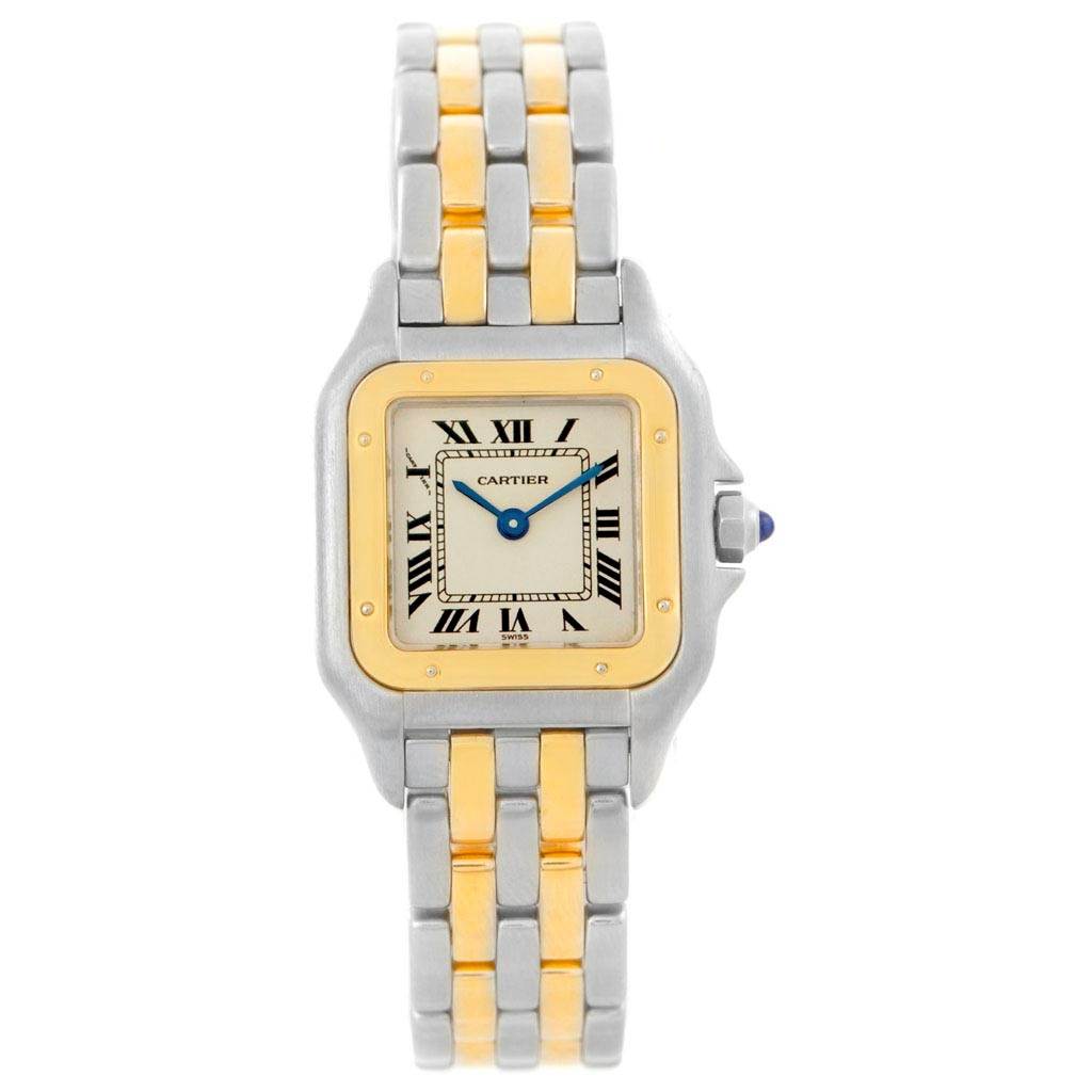 The image shows a front view of a Cartier Panthere W25029B6 Women's Stainless Steel Silver Dial W25029B6 Women's Stainless Steel Silver Dial model watch, highlighting its two-tone bracelet, square face, and Roman numeral dial.