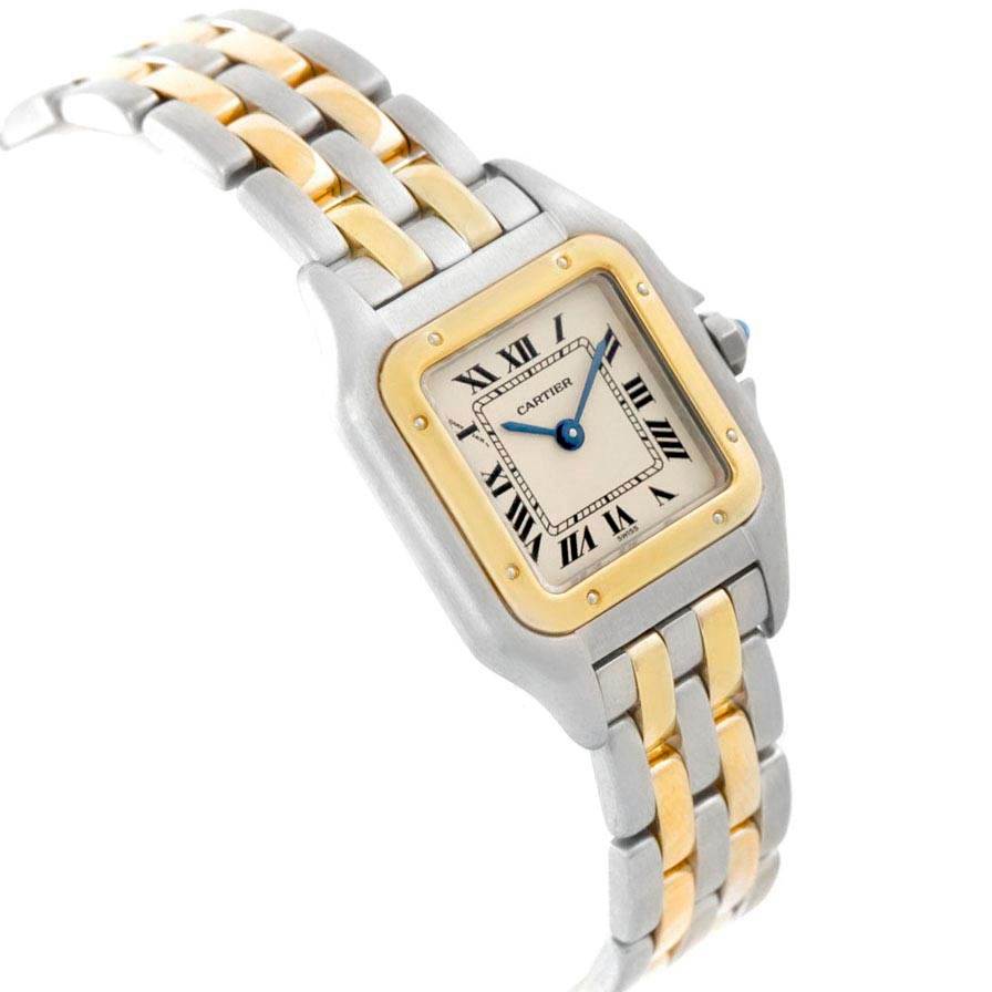 The image shows a Panthere model by Cartier from an angled front view, highlighting the face, bezel, and two-tone bracelet.