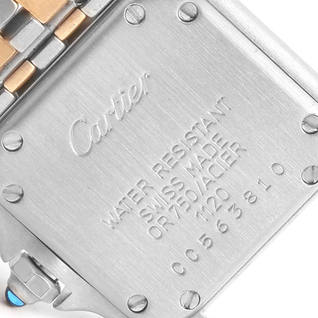 This close-up view shows the back case and part of the bracelet of the Cartier Panthere W25029B6 Women
s Stainless Steel Silver Dial W25029B6 Women
s Stainless Steel Silver Dial watch.