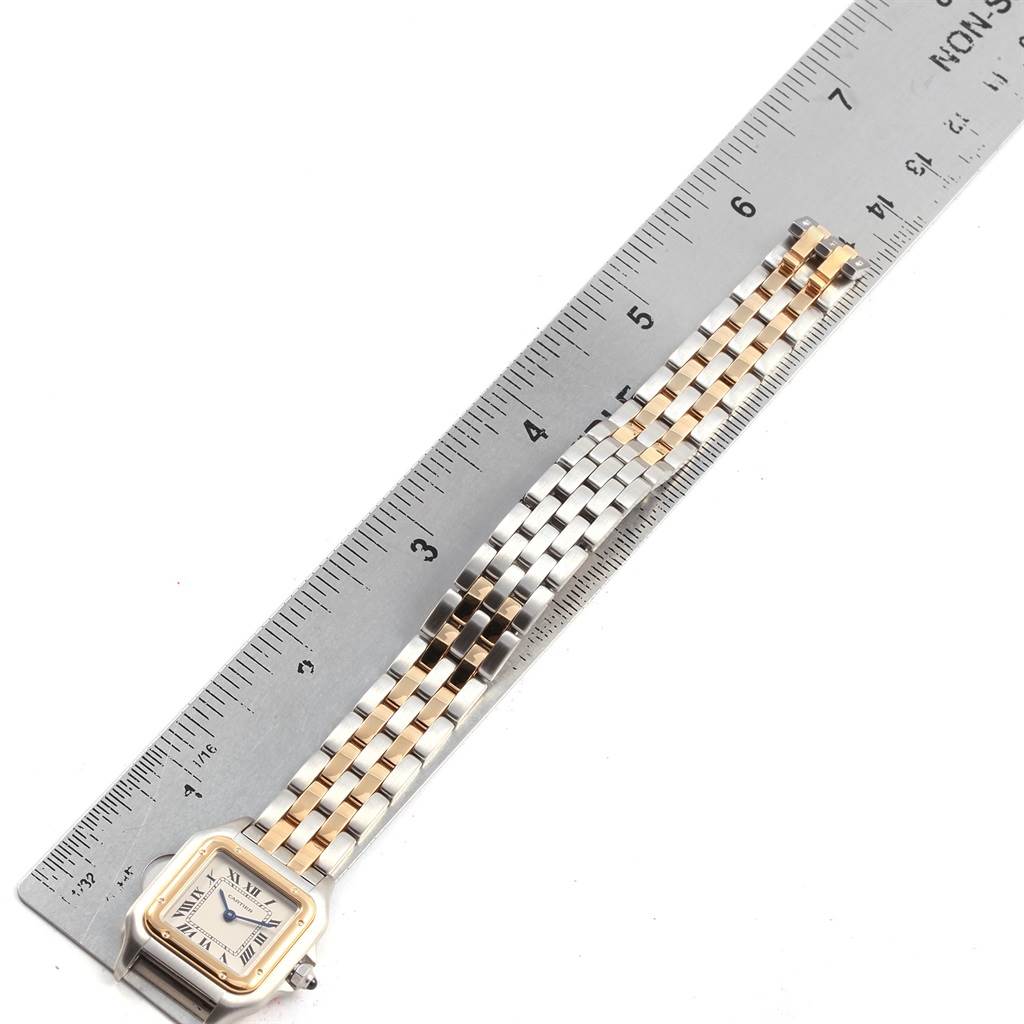 The image shows a Cartier Panthere W25029B6 Women
s Stainless Steel Silver Dial W25029B6 Women
s Stainless Steel Silver Dial watch from a top-down angle, displayed alongside a ruler for scale.