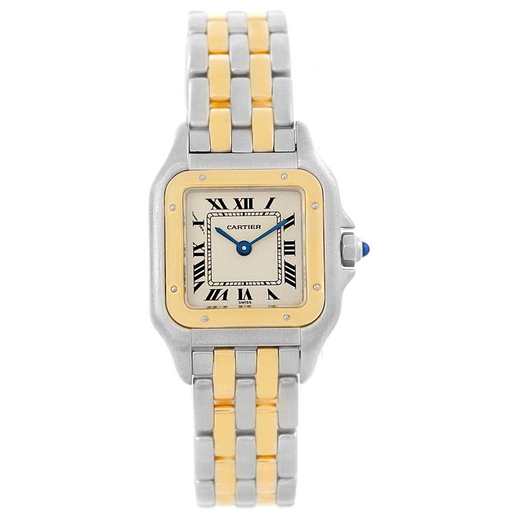 The image shows a front view of a Cartier Panthere W25029B6 Women
s Stainless Steel Silver Dial W25029B6 Women
s Stainless Steel Silver Dial model watch, displaying its face and two-tone metal bracelet.