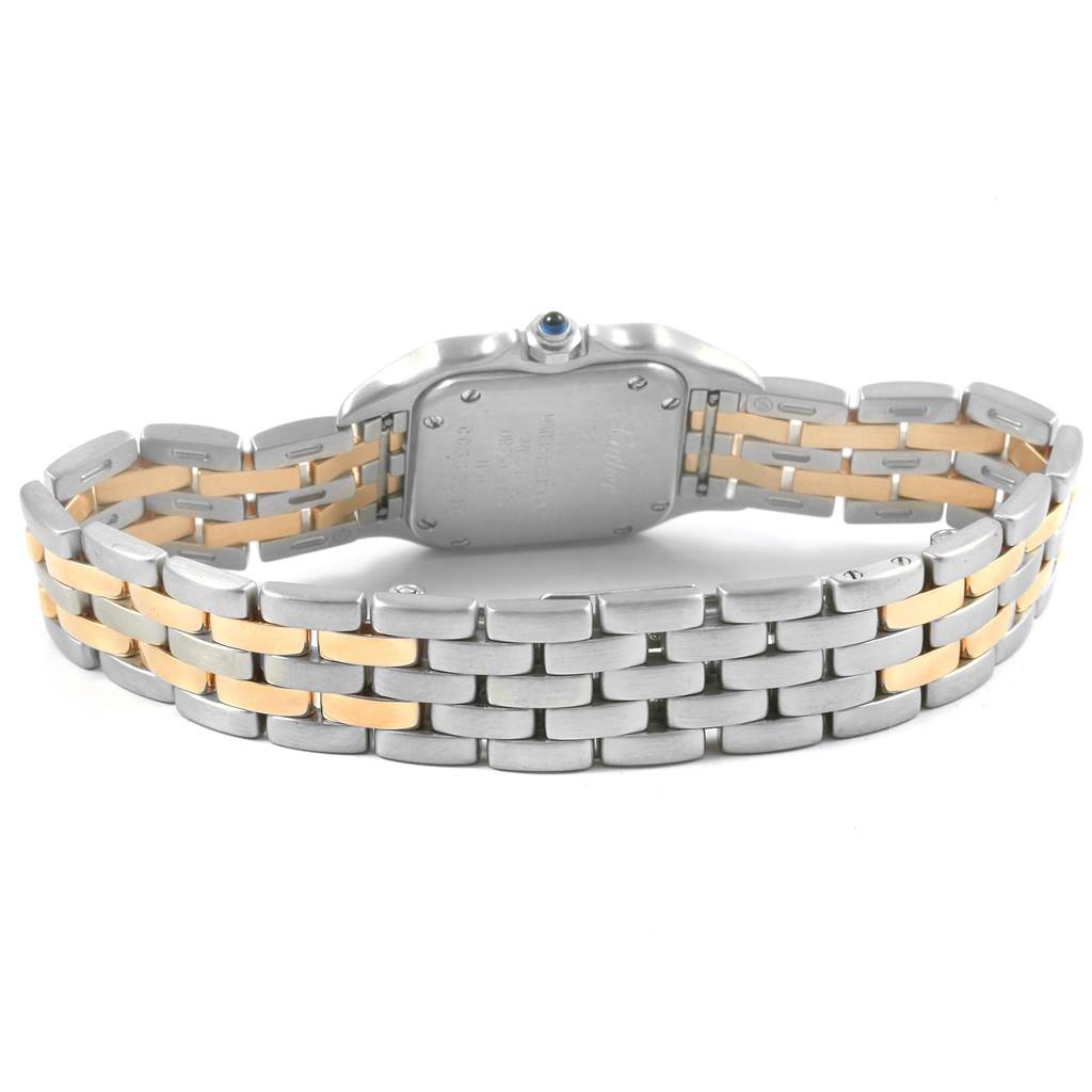 The image shows the back view of a Panthere model by Cartier, highlighting its two-tone metal bracelet and case back.