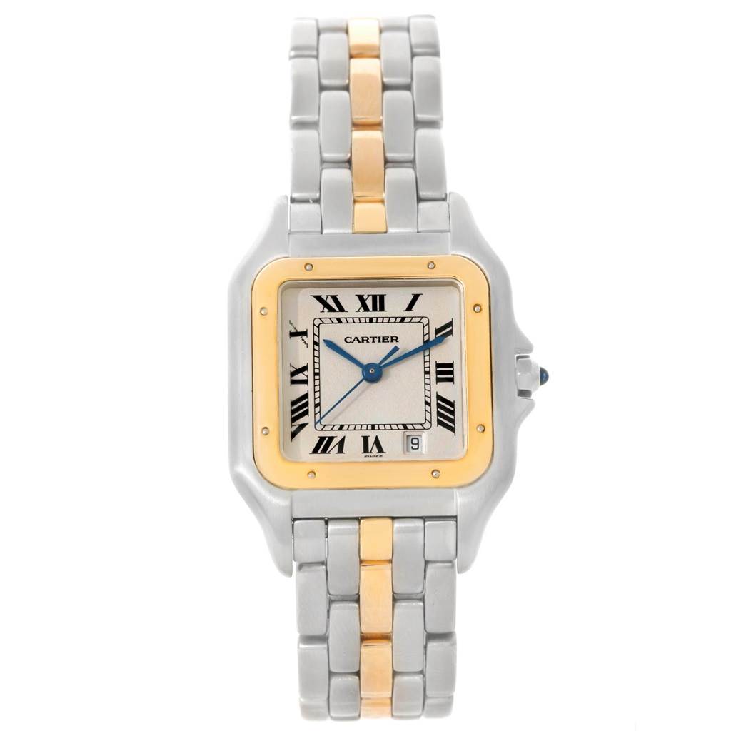The image shows a frontal view of a Cartier Panthere W25028B5 Steel and Gold (two tone) Silver Dial W25028B5 Steel and Gold (two tone) Silver Dial watch, highlighting its two-tone bracelet and square face with Roman numerals.