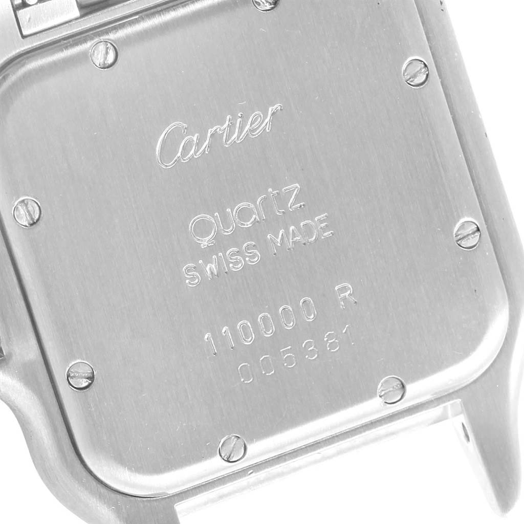 The image shows the case back of the Cartier Panthere W25028B5 Steel and Gold (two tone) Silver Dial W25028B5 Steel and Gold (two tone) Silver Dial watch, highlighting engraved details and screws from a top-down angle.