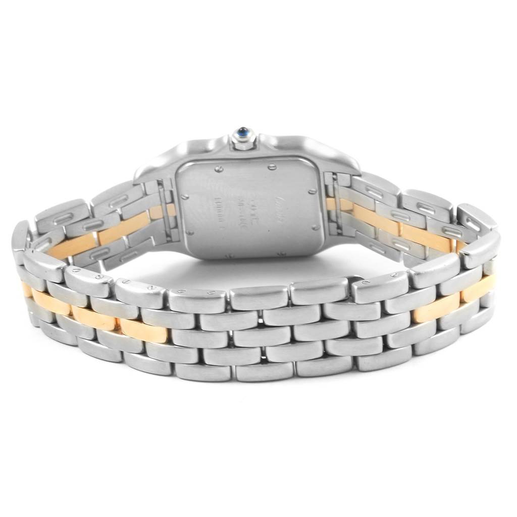 The image shows the back casing and bracelet of the Panthere model by Cartier, at a slightly angled rear view.