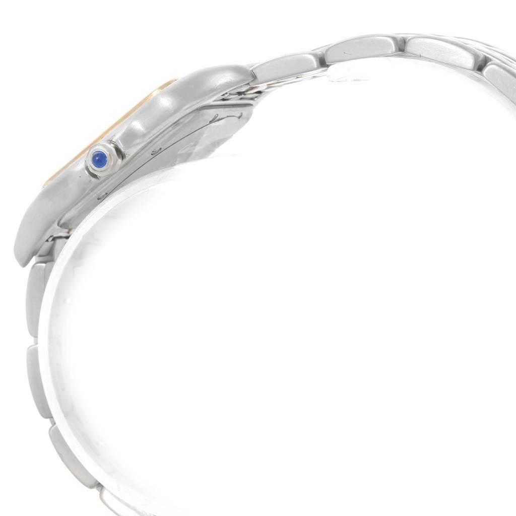 The image shows a side view of the Cartier Panthere W25028B5 Steel and Gold (two tone) Silver Dial W25028B5 Steel and Gold (two tone) Silver Dial model watch, highlighting its bracelet and crown with a blue gemstone.