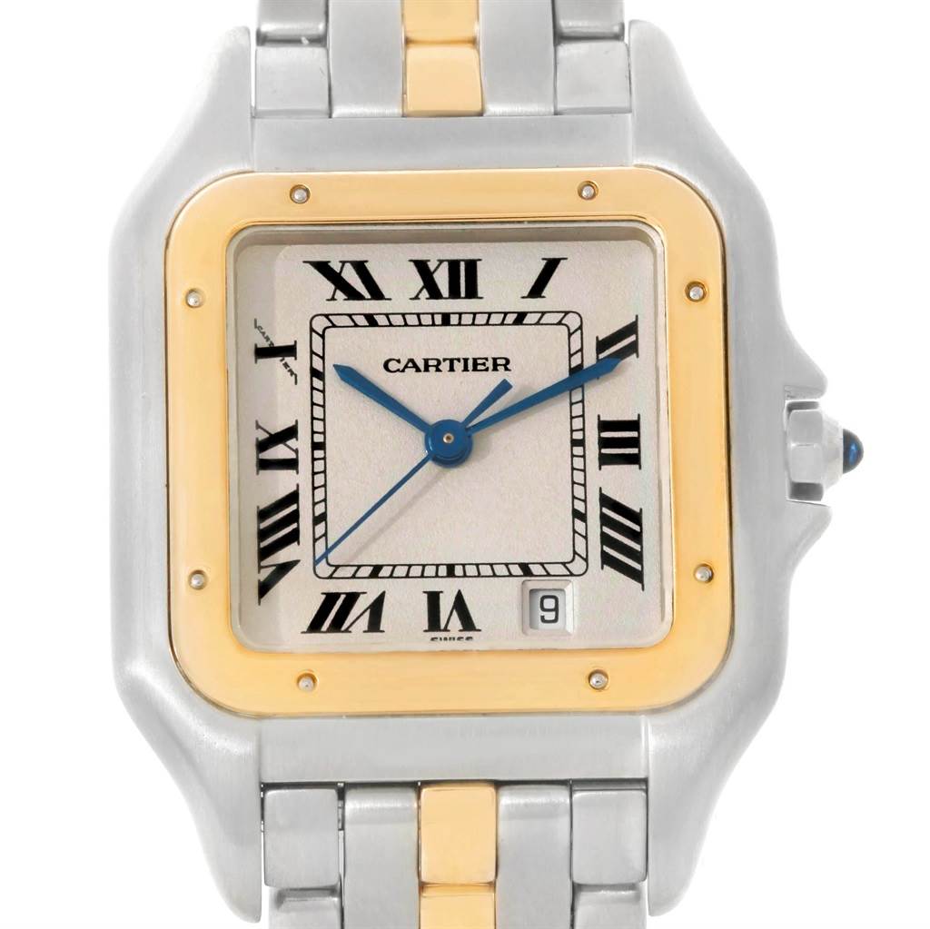 The image shows a close-up of the Cartier Panthere W25028B5 Steel and Gold (two tone) Silver Dial W25028B5 Steel and Gold (two tone) Silver Dial model watch, highlighting its square face, Roman numerals, and bi-color metal bracelet.