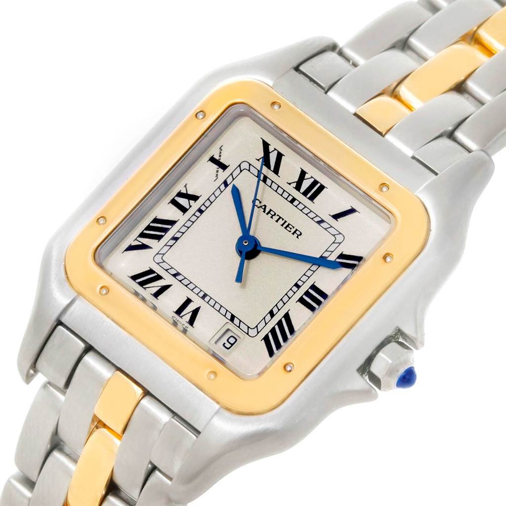 This image shows a close-up view of the Cartier Panthere W25028B5 Steel and Gold (two tone) Silver Dial W25028B5 Steel and Gold (two tone) Silver Dial watch face, bezel, and part of the bracelet.