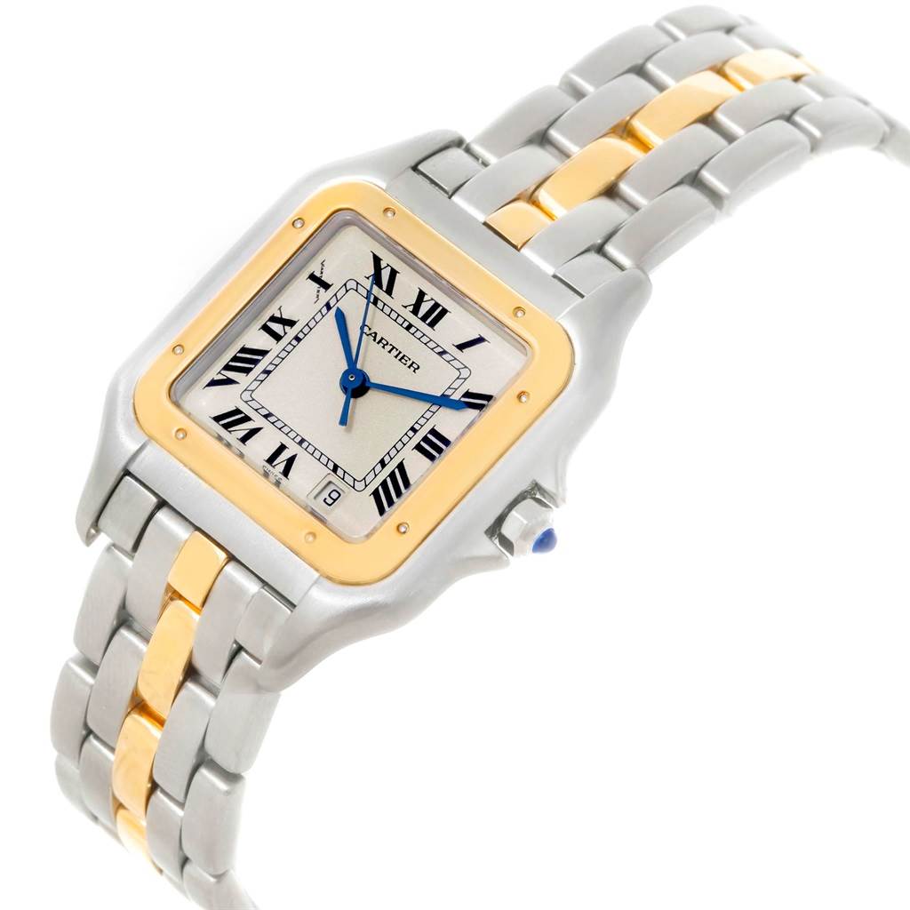 The image displays a Cartier Panthere W25028B5 Steel and Gold (two tone) Silver Dial W25028B5 Steel and Gold (two tone) Silver Dial model watch at a slight angle, showing its face, dial, casing, and two-tone bracelet.