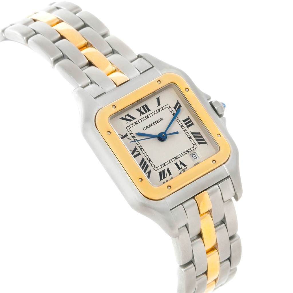 The image shows a Cartier Panthère watch at a slight angle, displaying the face, bezel, and part of the bracelet.