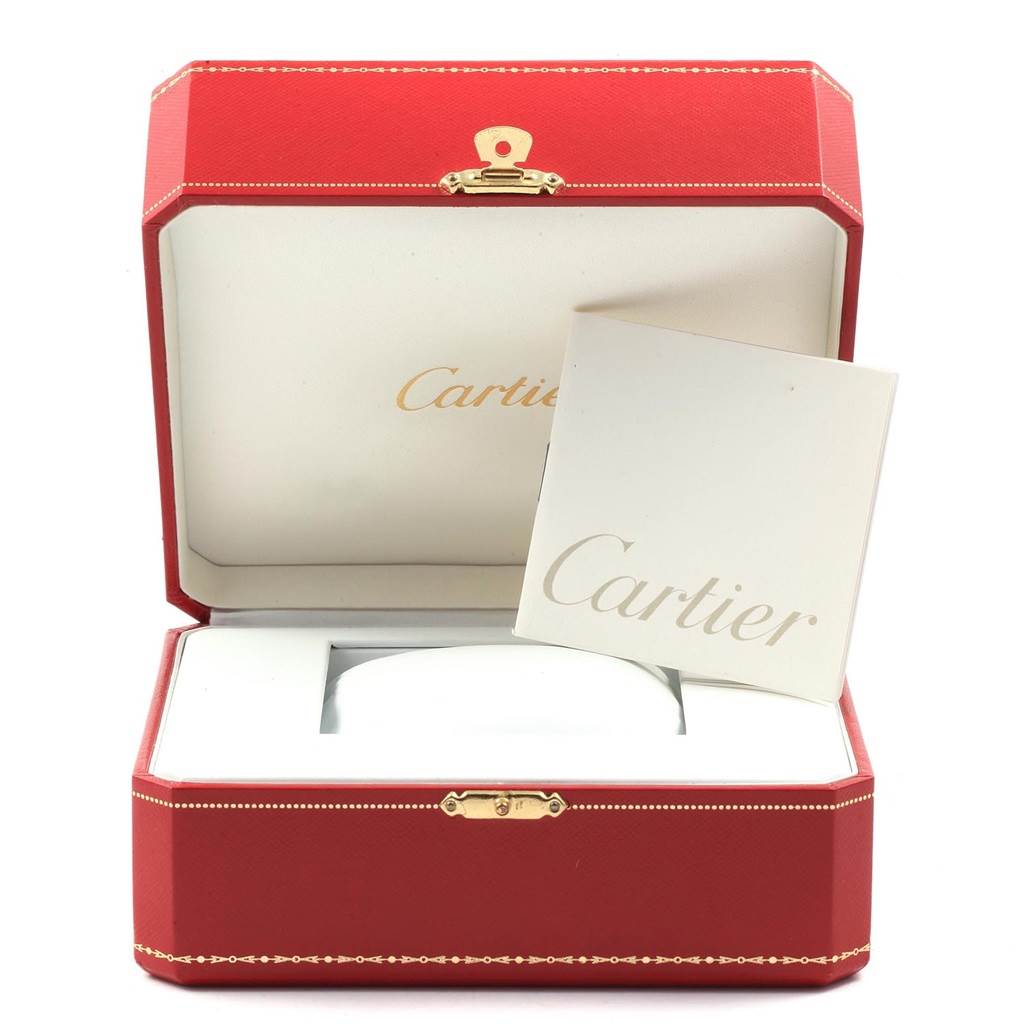 The image shows a Cartier Panthere W25022B9 Women's Yellow Gold Silver Dial W25022B9 Women's Yellow Gold Silver Dial watch box with an open lid and a Cartier booklet inside.