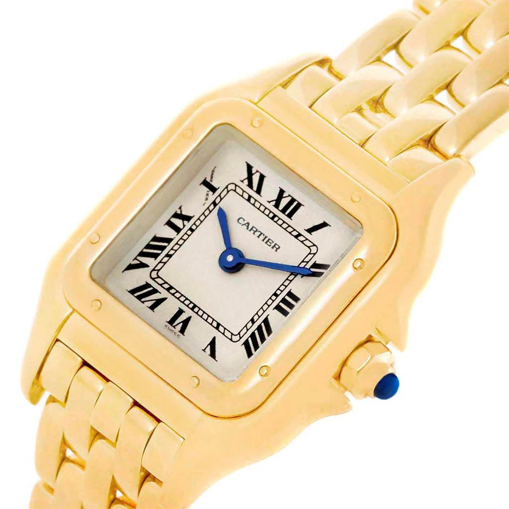 The Cartier Panthere W25022B9 Women's Yellow Gold Silver Dial W25022B9 Women's Yellow Gold Silver Dial watch is shown at an angled view highlighting the face, hands, bracelet, and crown.