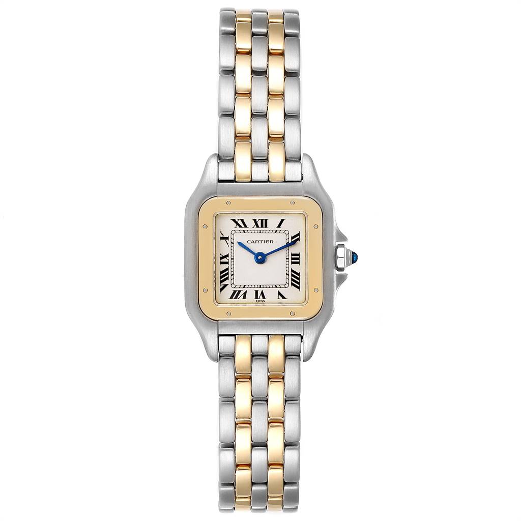 The image shows a front view of the Cartier Panthere W25028B8 Steel and Gold (two tone) Beige Dial W25028B8 Steel and Gold (two tone) Beige Dial model watch, highlighting the dial, bezel, and metal bracelet.