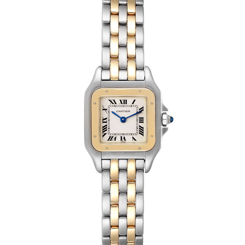 The image shows a frontal view of the Cartier Panthere W25028B8 Steel and Gold (two tone) Beige Dial W25028B8 Steel and Gold (two tone) Beige Dial watch, highlighting its gold and silver band and square dial with Roman numerals.
