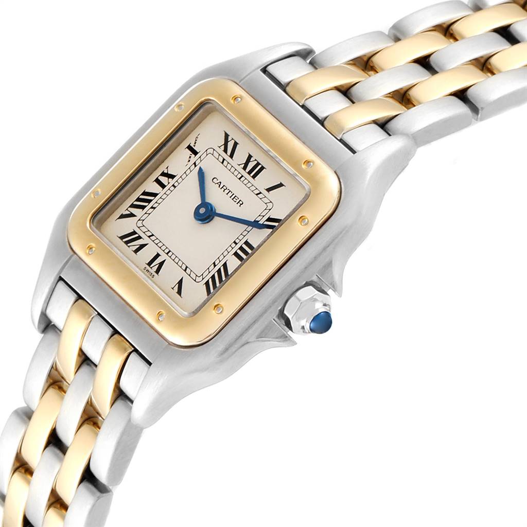 The image shows a close-up angled view of the Cartier Panthere W25028B8 Steel and Gold (two tone) Beige Dial W25028B8 Steel and Gold (two tone) Beige Dial watch, highlighting the dial, bezel, and two-tone bracelet.