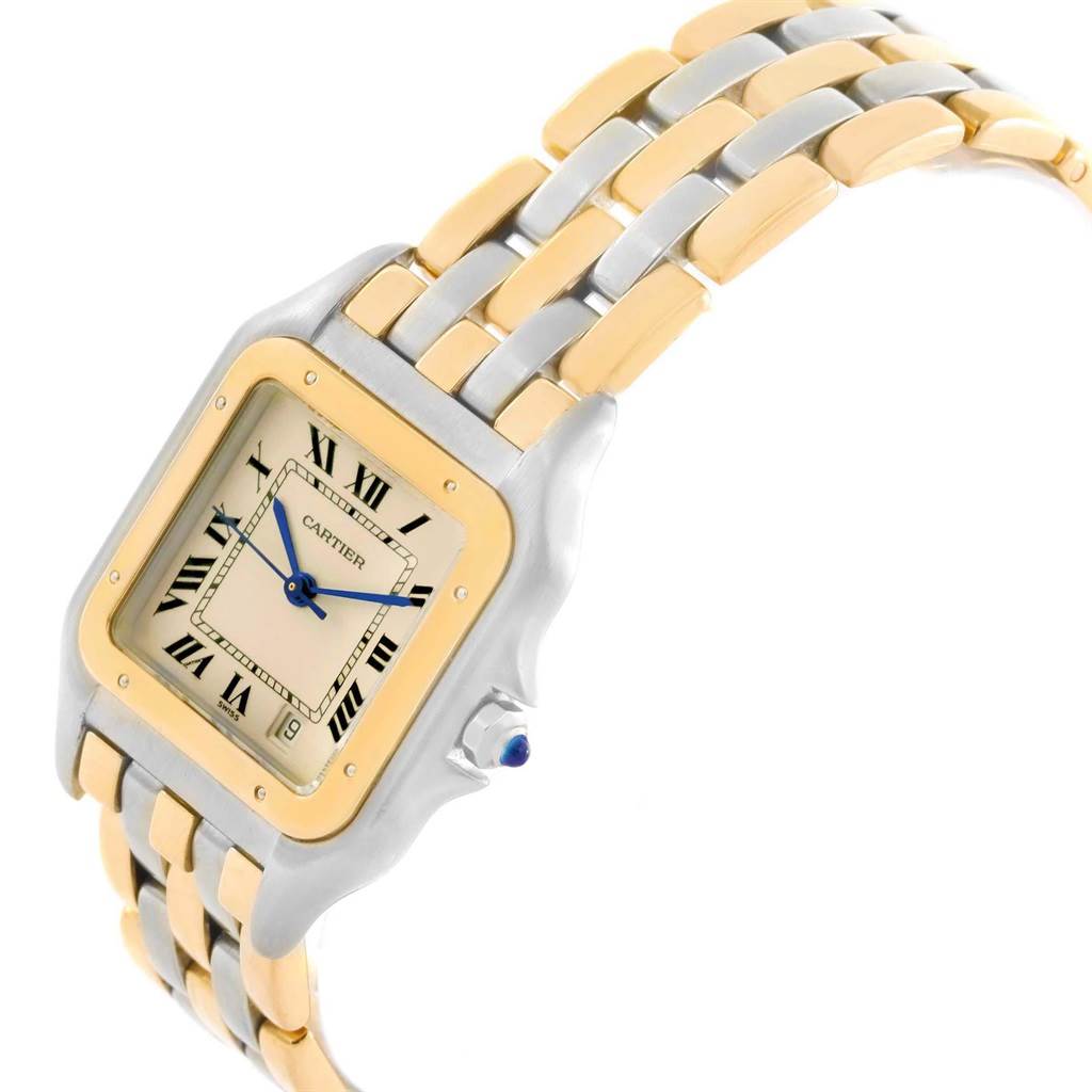 The image shows a Cartier Panthere W25029B6 Women's Stainless Steel Beige Dial W25029B6 Women's Stainless Steel Beige Dial model watch from an angled top view, highlighting the square face, two-tone bracelet, and Roman numerals.