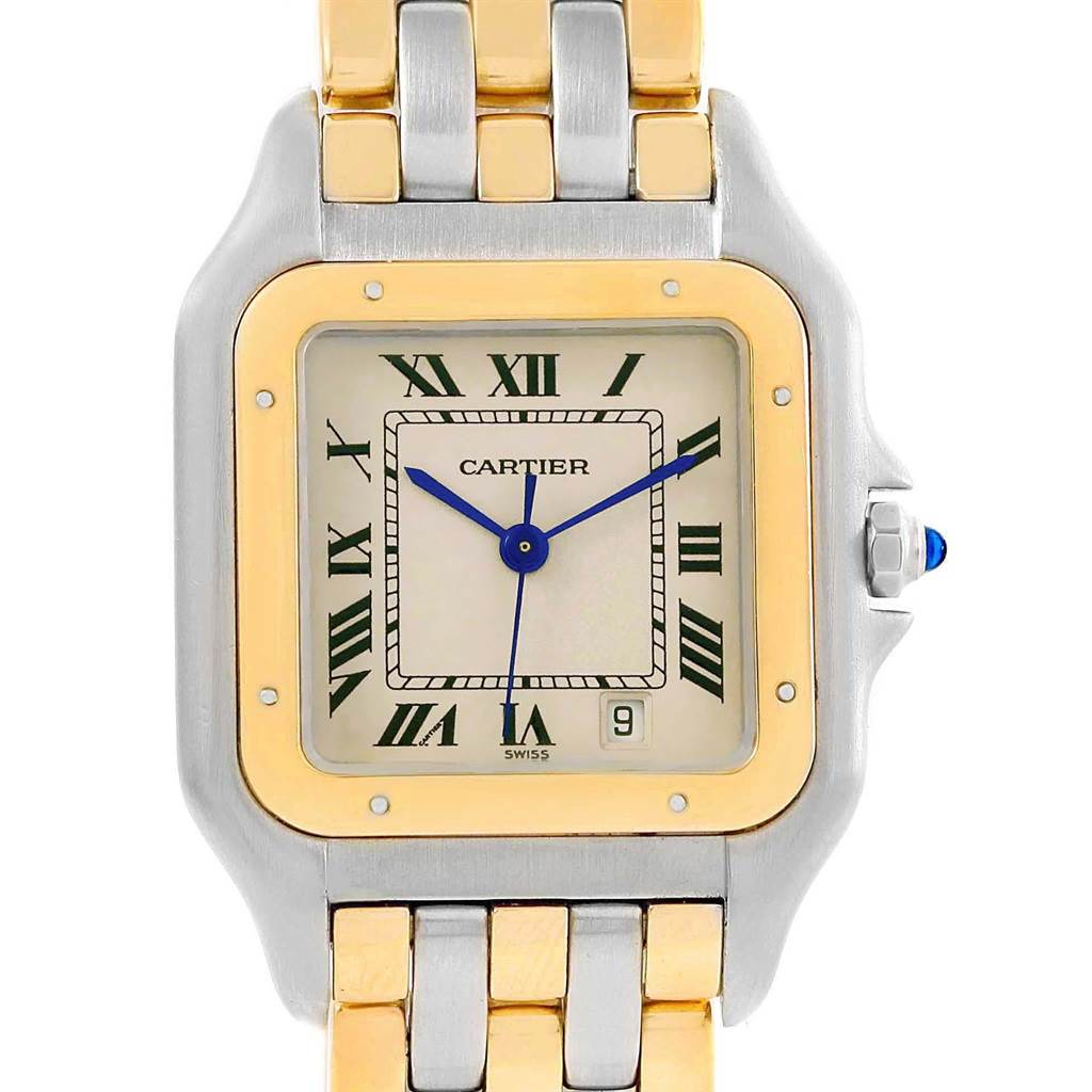 The image shows a close-up front view of the Cartier Panthere W25029B6 Women's Stainless Steel Beige Dial W25029B6 Women's Stainless Steel Beige Dial watch, highlighting its face, hands, bezel, and part of the bracelet.