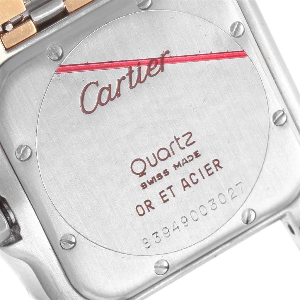 This image shows the back cover of a Cartier Panthere W25029B6 Women's Stainless Steel Beige Dial W25029B6 Women's Stainless Steel Beige Dial Quartz watch, highlighting the engraved branding and specifications.
