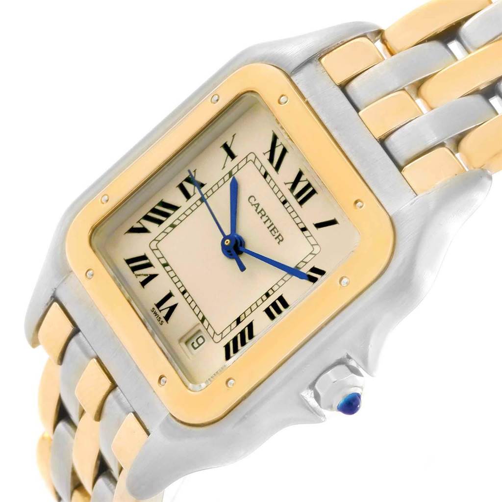 This image shows a close-up angle of a Panthère de Cartier watch, highlighting its square face, Roman numerals, and two-tone bracelet.