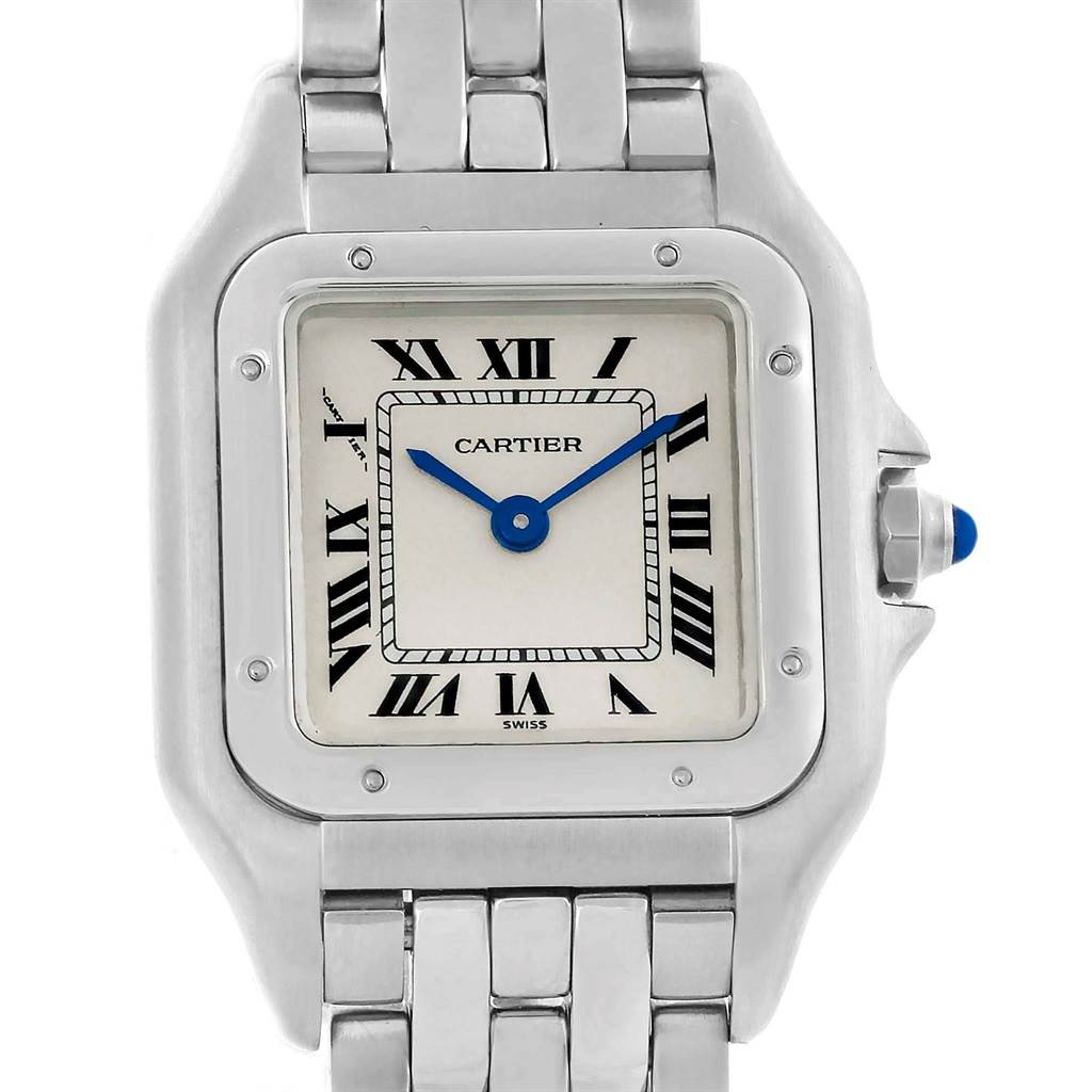 This image shows a top-down view of a Cartier Panthère watch, highlighting the face, bezel, and part of the bracelet.