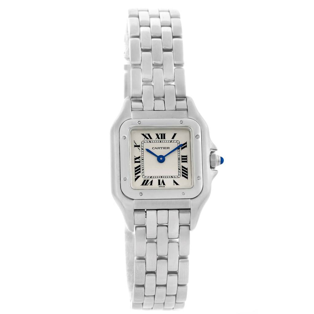 This image shows a front view of the Cartier Panthere W25033P5 Women
s Stainless Steel Silver Dial W25033P5 Women
s Stainless Steel Silver Dial watch, highlighting its face, roman numerals, blue hands, and silver bracelet.