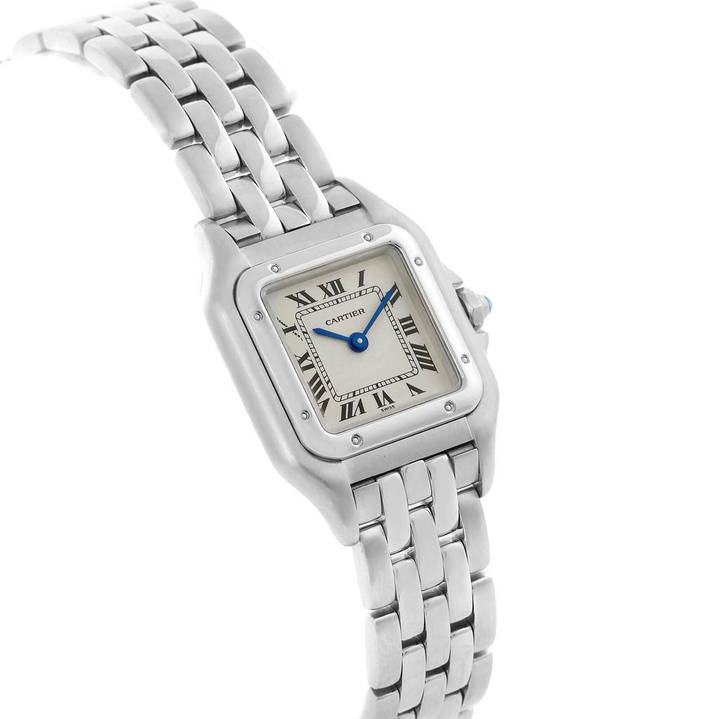 The Cartier Panthere W25033P5 Women
s Stainless Steel Silver Dial W25033P5 Women
s Stainless Steel Silver Dial watch is shown at a slight angle, featuring the dial, case, and stainless steel bracelet.