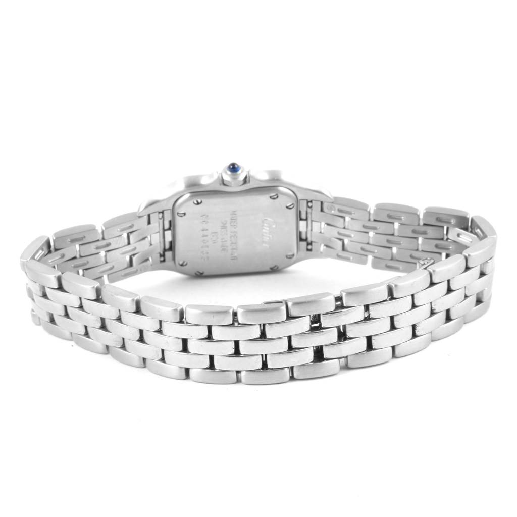 The image shows the back view of a Cartier Panthere W25033P5 Women
s Stainless Steel Silver Dial W25033P5 Women
s Stainless Steel Silver Dial watch, highlighting the case back and bracelet.