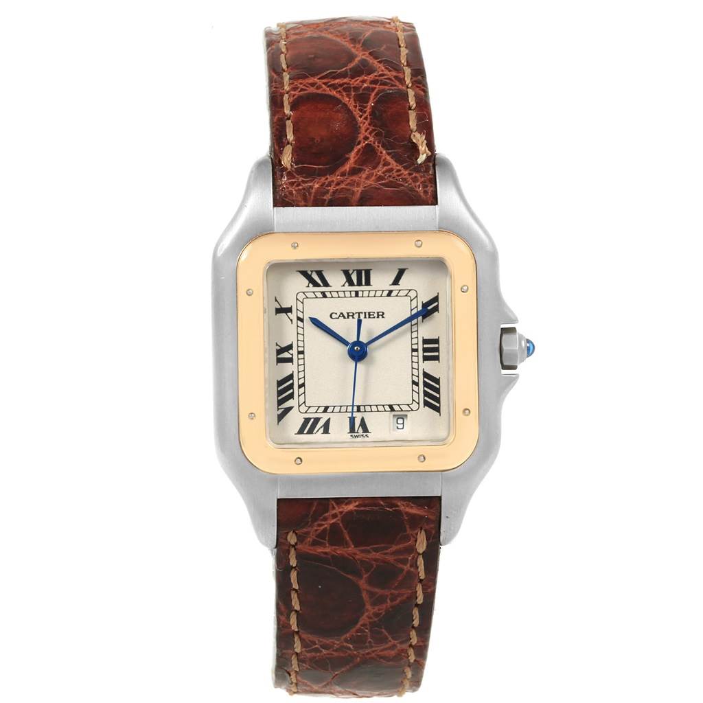 This image shows a front view of a Cartier Panthere W25028B5 Men
s Steel and Gold (two tone) Silver Dial W25028B5 Men
s Steel and Gold (two tone) Silver Dial watch, displaying its face, Roman numerals, and brown leather strap.