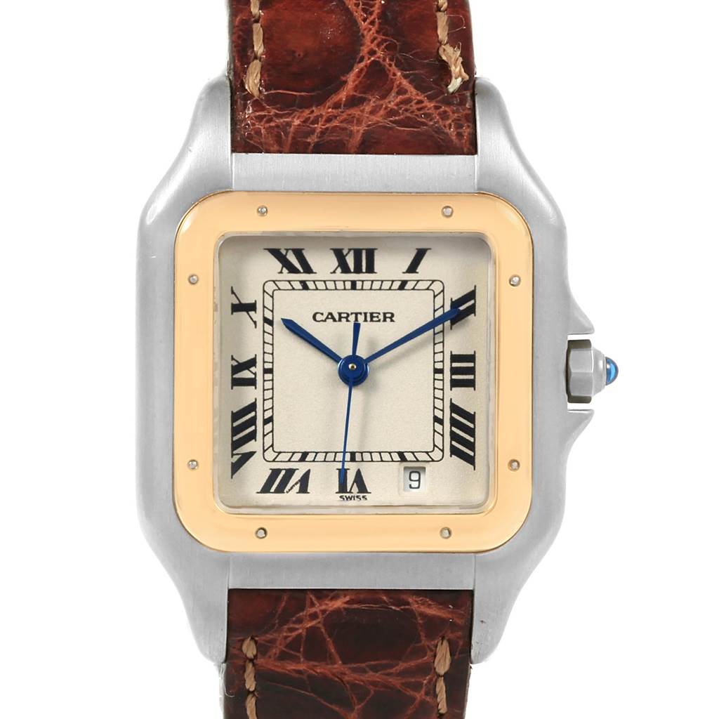 The image shows a front view of the Cartier Panthere W25028B5 Men
s Steel and Gold (two tone) Silver Dial W25028B5 Men
s Steel and Gold (two tone) Silver Dial watch, highlighting the dial, bezel, crown, and leather strap.