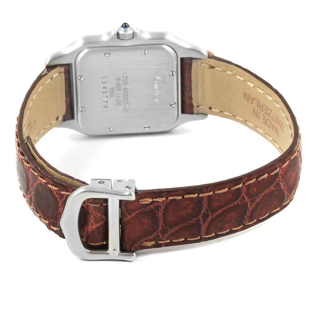 The image shows the back view of a Panthere model by Cartier, highlighting its case back and leather strap with a buckle.