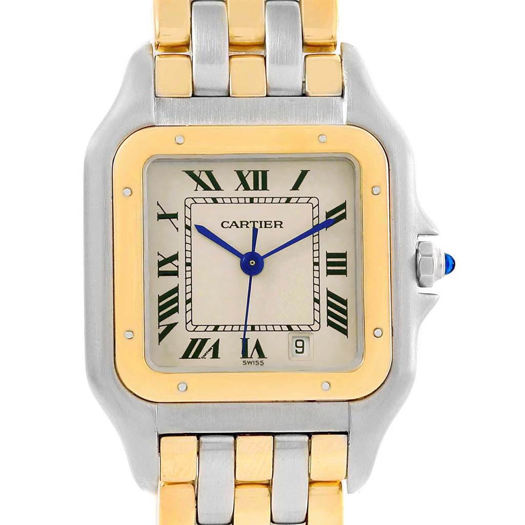 This is a close-up, front view of a Cartier Panthere W25028B6 Steel and Gold (two tone) Silver Dial W25028B6 Steel and Gold (two tone) Silver Dial model watch, showing the face, bezel, and part of the bracelet.