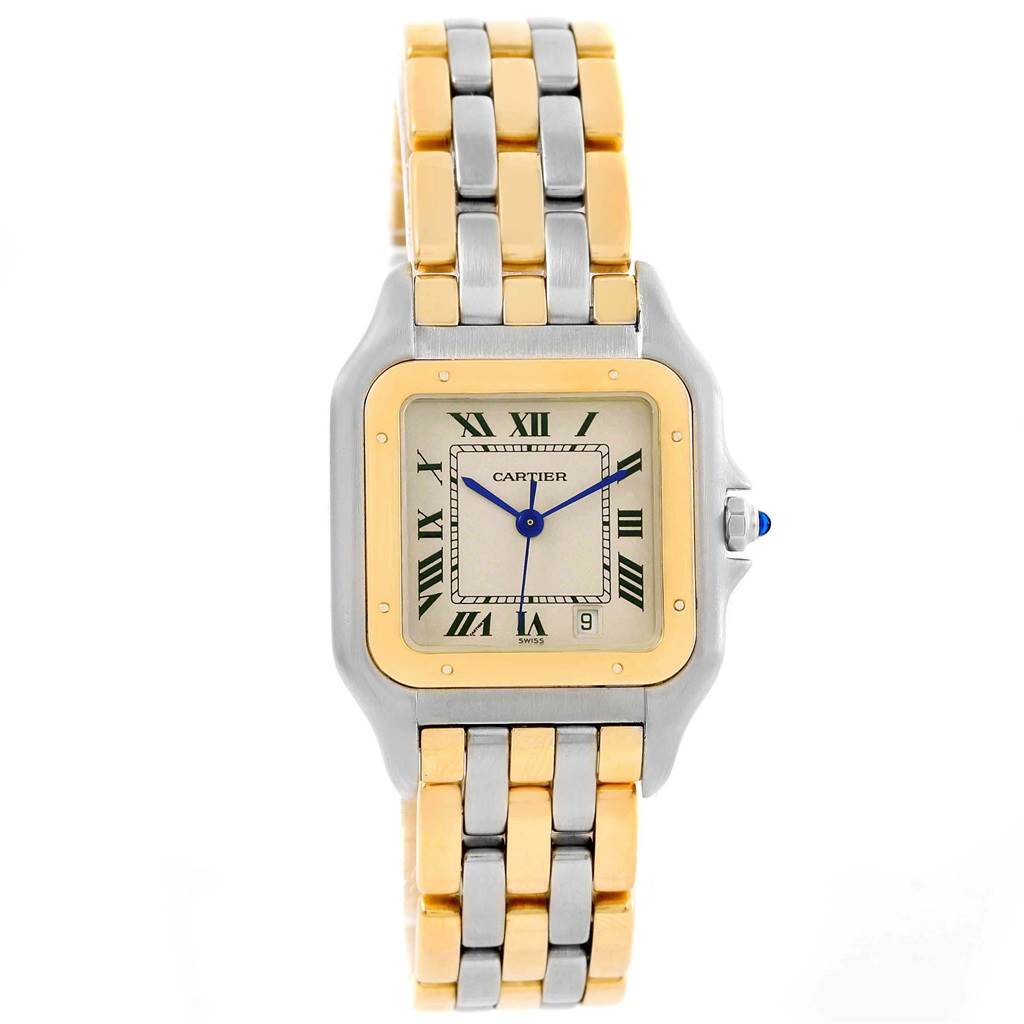 The image shows a front view of a Cartier Panthere W25028B6 Steel and Gold (two tone) Silver Dial W25028B6 Steel and Gold (two tone) Silver Dial watch, displaying the face, bracelet, and crown.