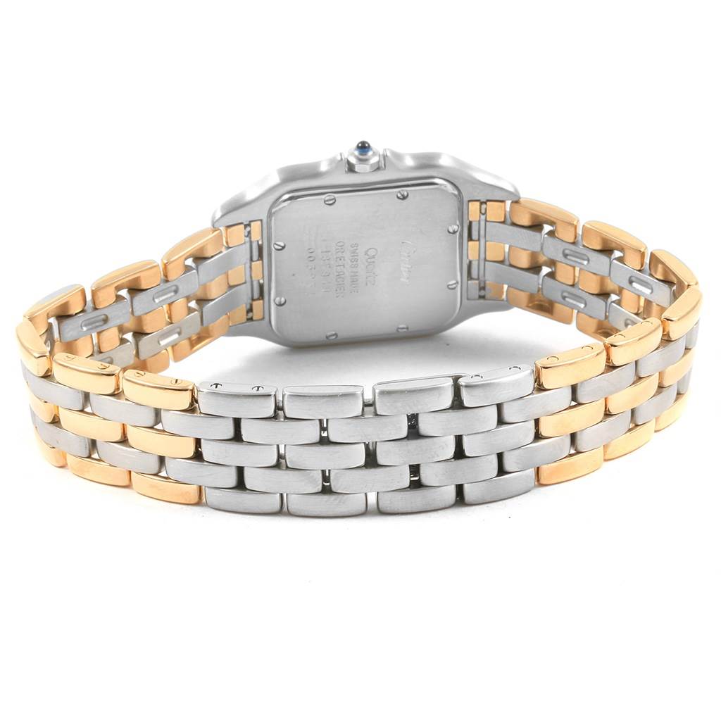 The image shows the back and bracelet of a Cartier Panthere W25028B6 Steel and Gold (two tone) Silver Dial W25028B6 Steel and Gold (two tone) Silver Dial watch from a slightly elevated rear angle.