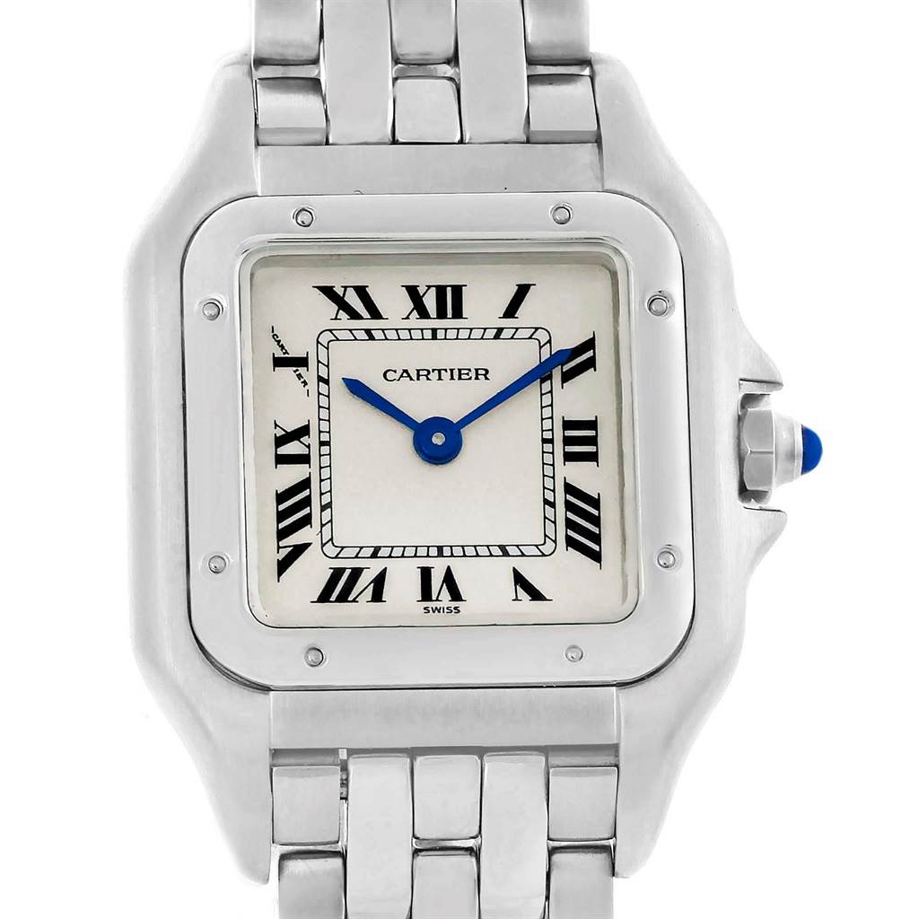 This image shows a front view of the Cartier Panthere W25033P5 Women
s Stainless Steel Silver Dial W25033P5 Women
s Stainless Steel Silver Dial watch, highlighting the face, bezel, crown, and part of the bracelet.
