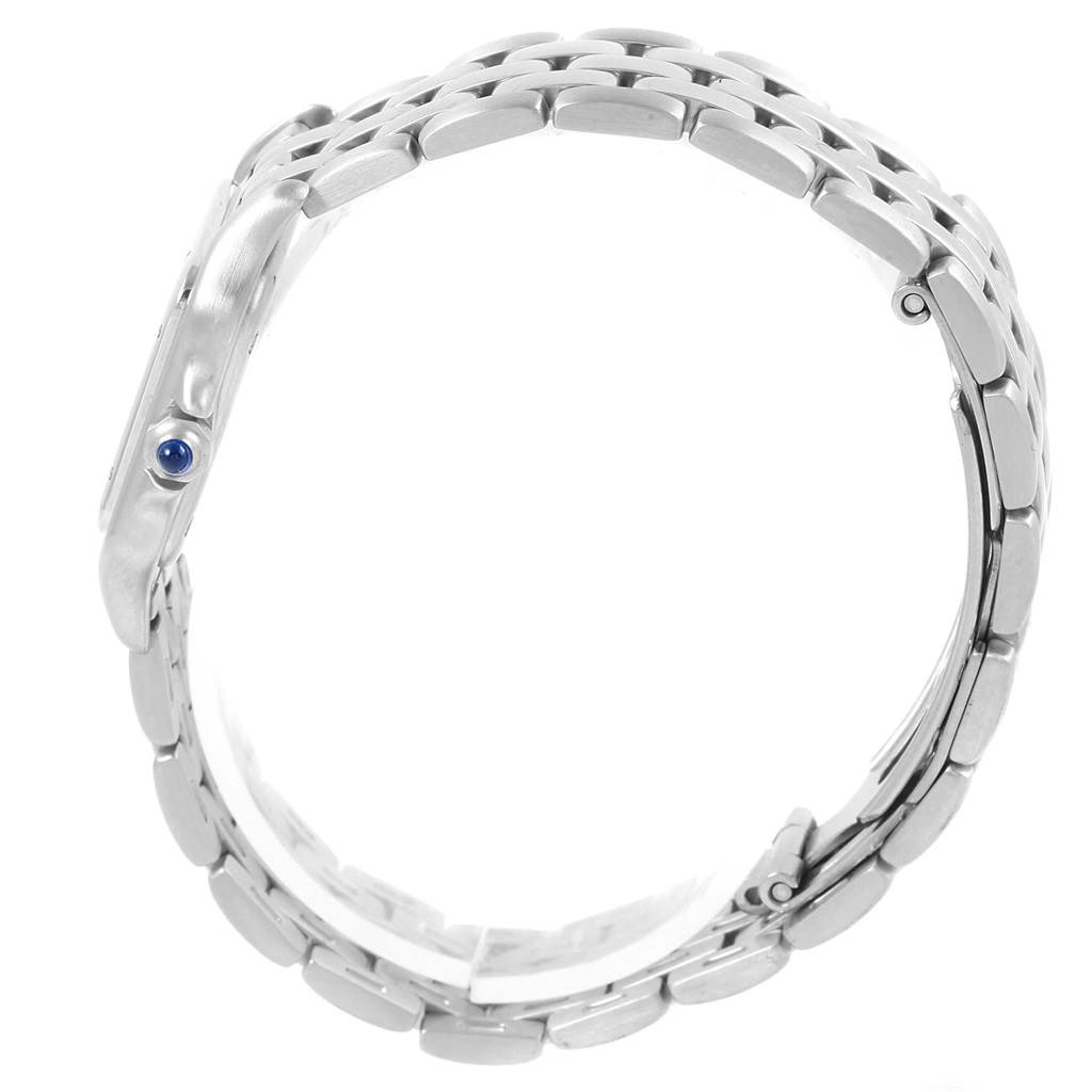 The image shows a side view of the Cartier Panthere W25033P5 Women
s Stainless Steel Silver Dial W25033P5 Women
s Stainless Steel Silver Dial model watch, highlighting its metal bracelet and crown with a blue gemstone.