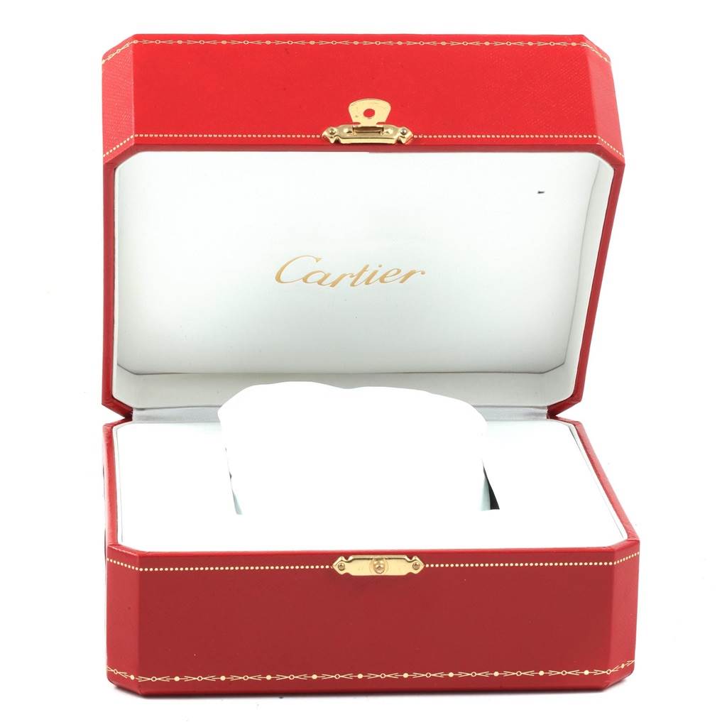 The image shows an open Cartier watch box for the Panthere model, focused on the interior cushion and the box design.