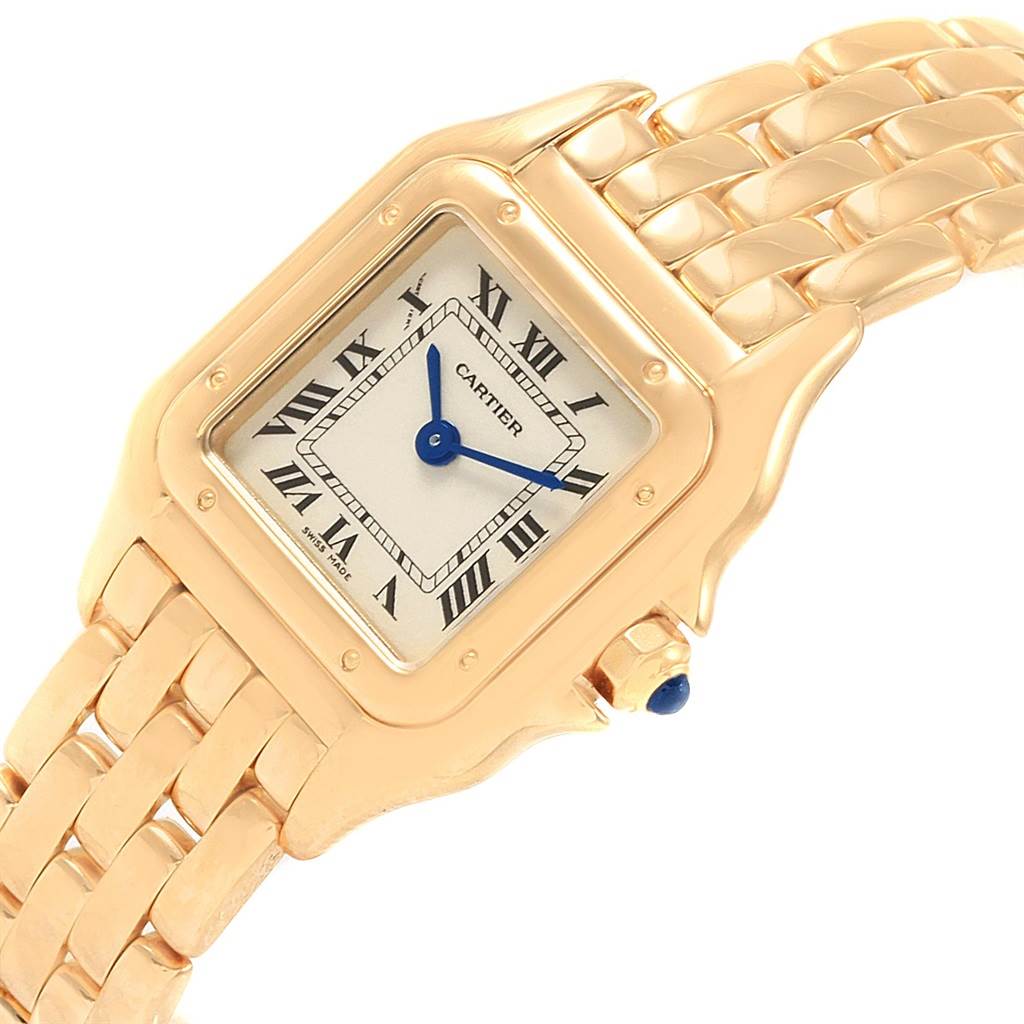 This image shows a Cartier Panthere W25022B9 Women's Yellow Gold Silver Dial W25022B9 Women's Yellow Gold Silver Dial watch at an angled close-up, highlighting its face, bezel, and part of the bracelet.