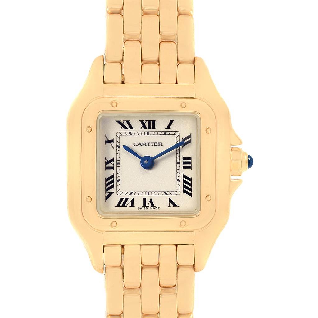 The image shows a frontal view of the Cartier Panthere W25022B9 Women's Yellow Gold Silver Dial W25022B9 Women's Yellow Gold Silver Dial watch, highlighting its face, Roman numeral dial, and linked bracelet.