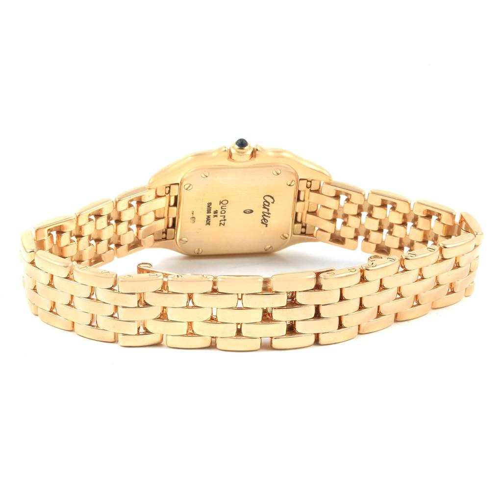 This image shows the back view of the Cartier Panthere W25022B9 Women's Yellow Gold Silver Dial W25022B9 Women's Yellow Gold Silver Dial model watch, highlighting its gold bracelet and case back.