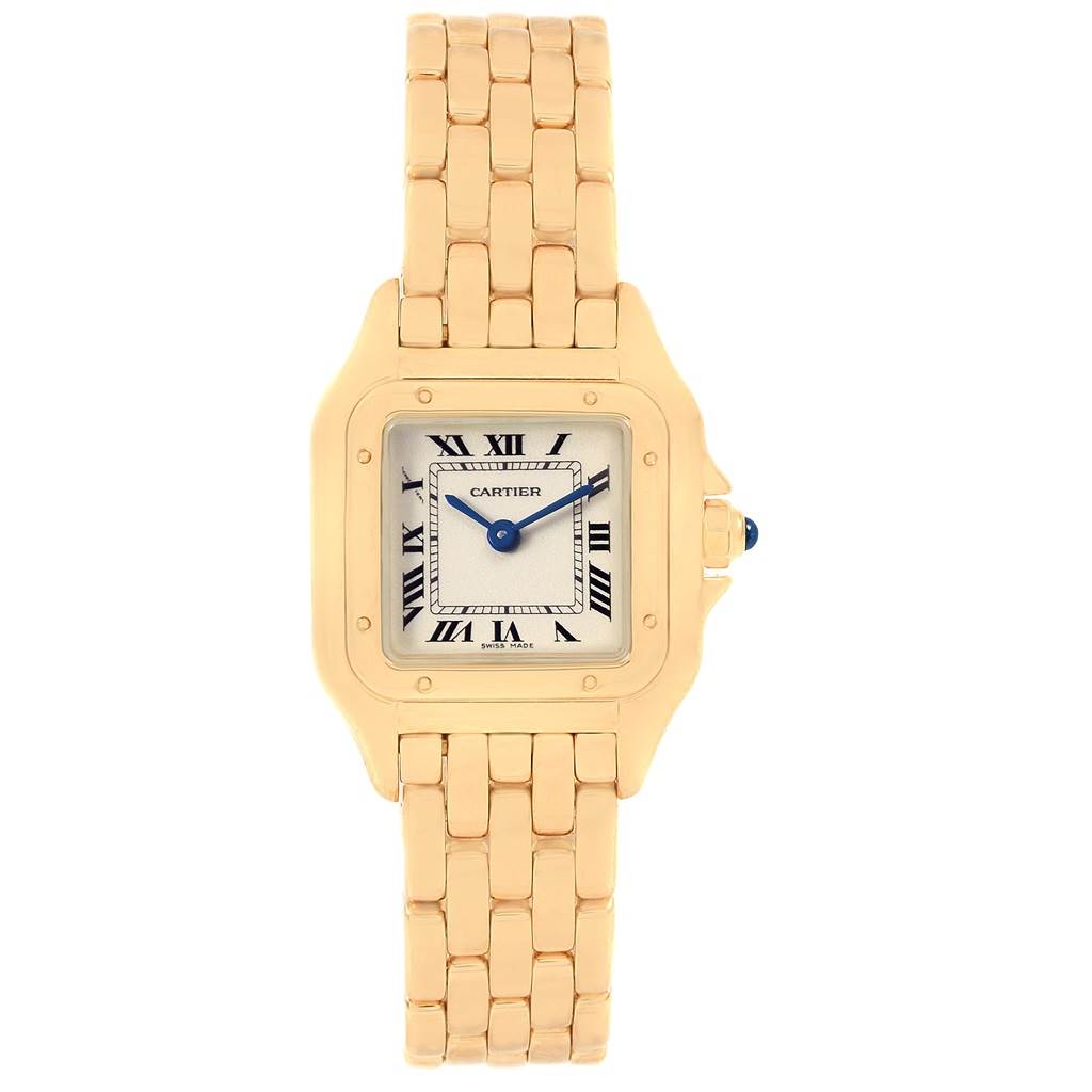 The image shows a frontal view of a Panthere de Cartier watch, highlighting its gold bracelet and square face with Roman numerals.