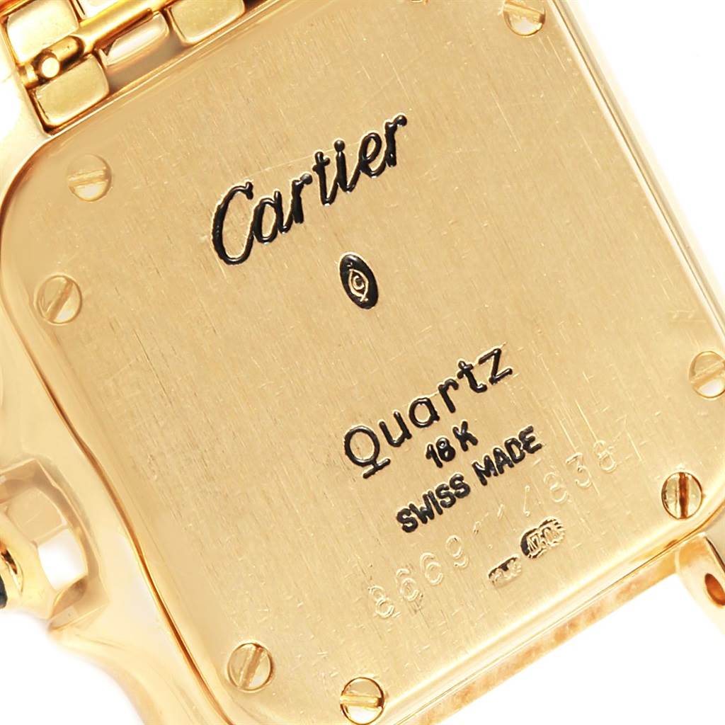 This image shows the back case of a Panthère de Cartier watch, focusing on its branding and specifications.