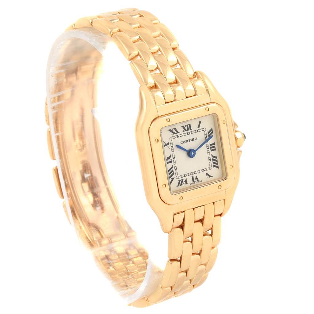 This image shows a side-view angle of a Cartier Panthere W25022B9 Women's Yellow Gold Silver Dial W25022B9 Women's Yellow Gold Silver Dial watch, highlighting its gold bracelet and square face with Roman numerals.
